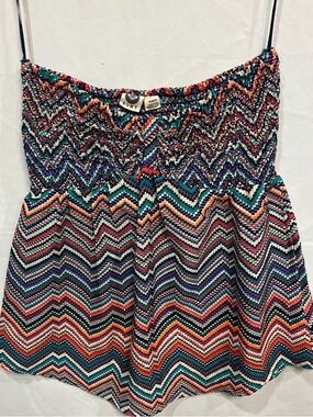Roxy Multicolor Smocked Flowy Tube Top with Teal, Purple, Orange chevron print